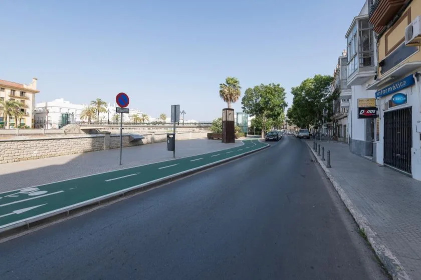 A quiet urban street beside a separated green bicycle lane and low stone wall.