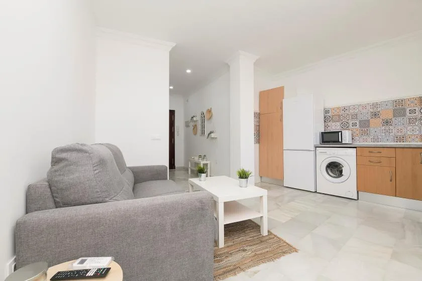 A bright living area with gray seating, a coffee table, and a compact kitchen.