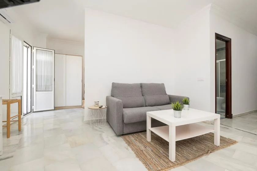A bright living room with gray seating and a white coffee table.