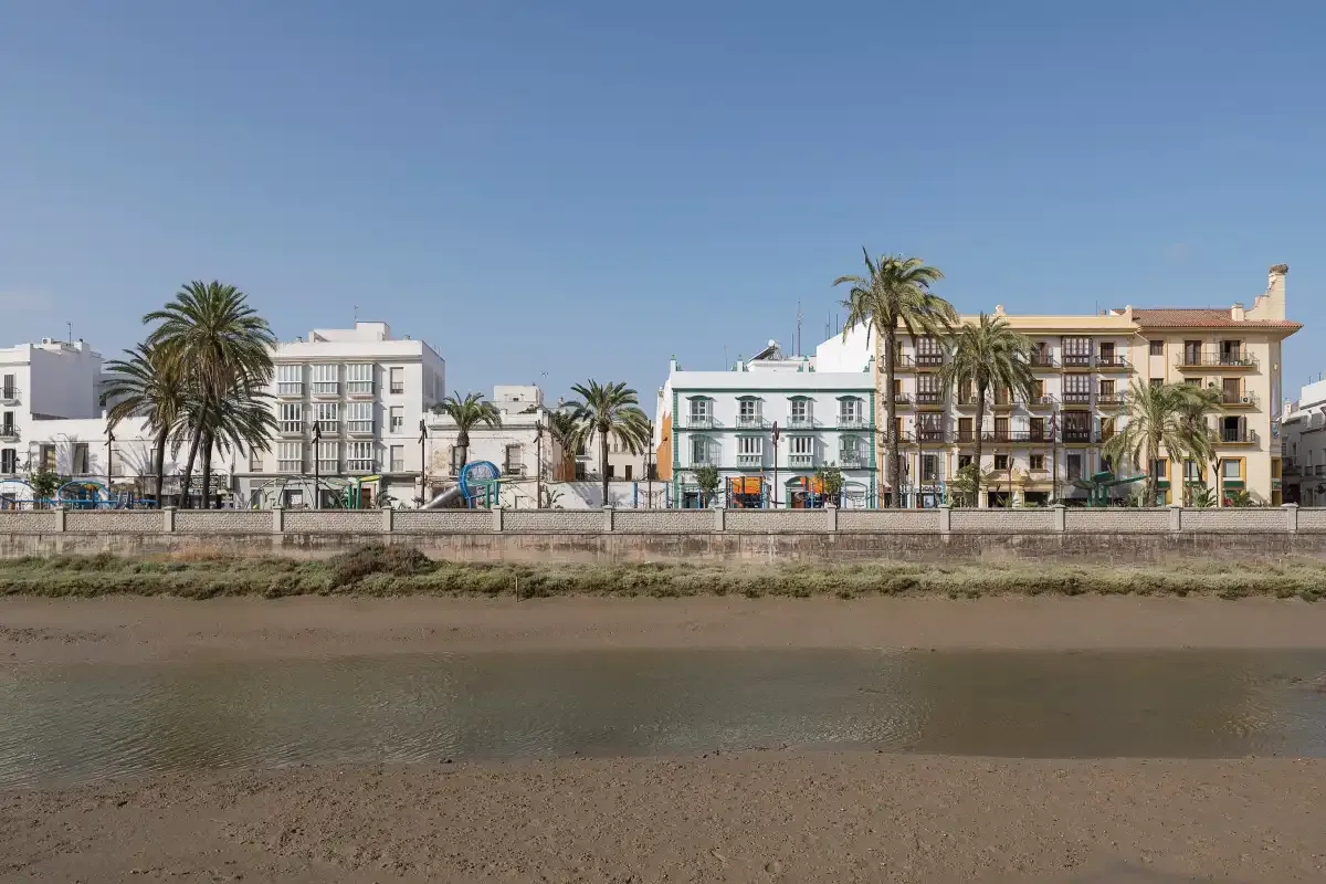 Buildings and palm trees line the far bank of a shallow waterway.