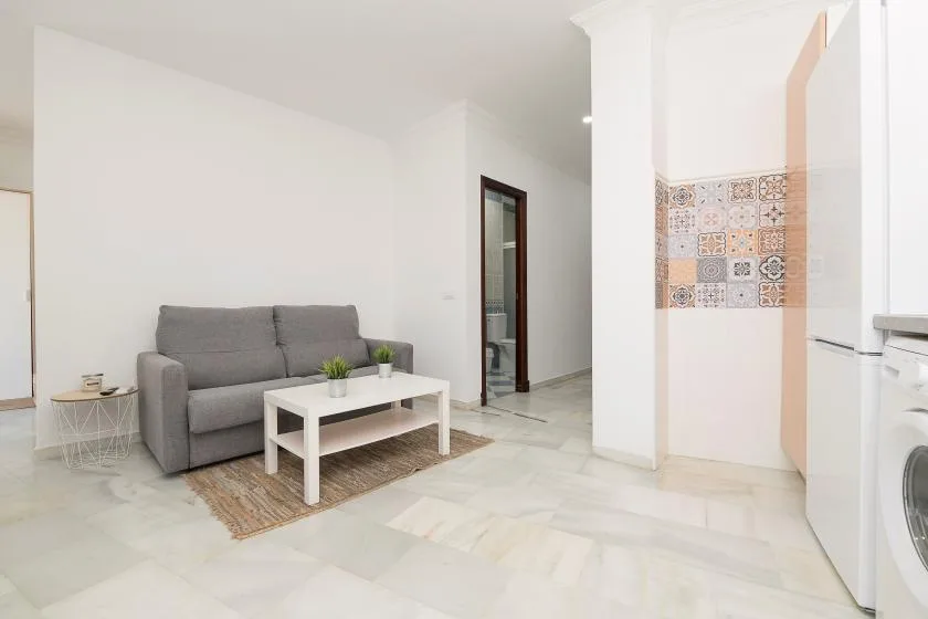 A bright living room with gray seating and a white coffee table.