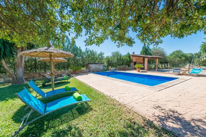 Una piscina al aire libre está junto a un patio pavimentado y tumbonas a la sombra.