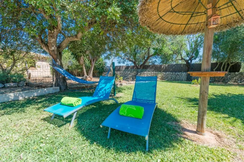 A grassy outdoor seating area with blue loungers beneath trees and a thatched parasol.