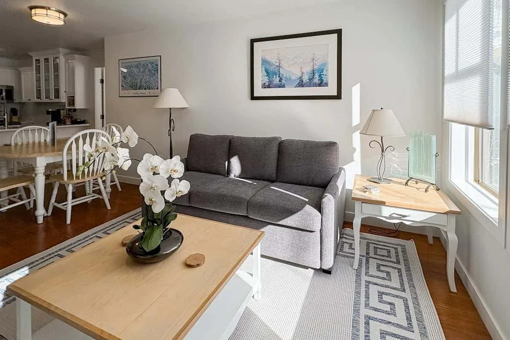 A bright living room with gray seating, a coffee table, and dining area.