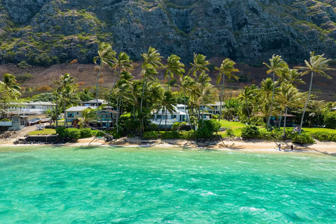 Una escena tropical frente al mar, con palmeras, edificios bajos y agua turquesa.
