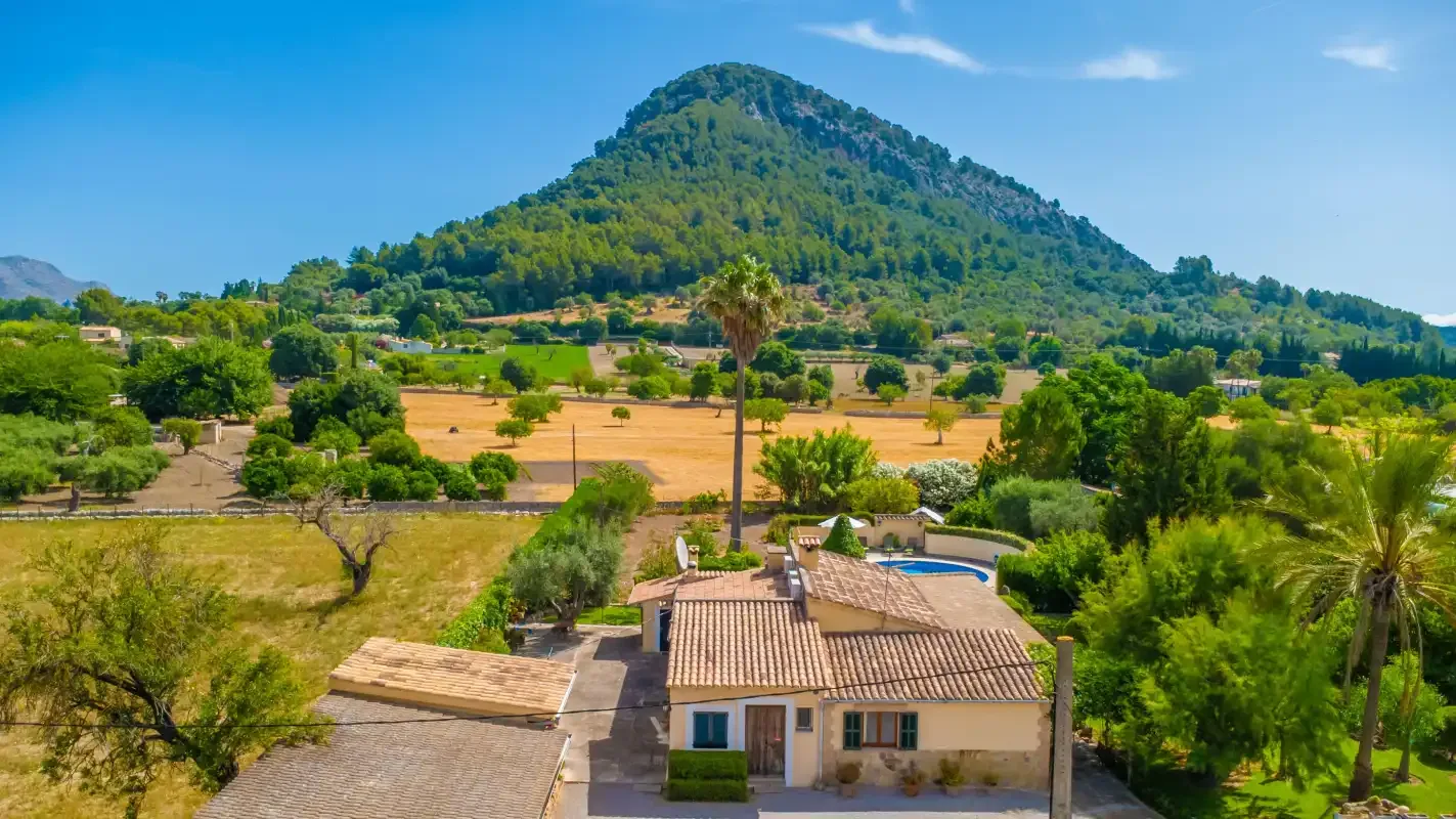 A rural house with a tiled roof sits among fields below a green mountain.