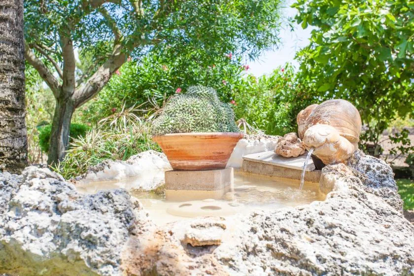 A garden fountain flows among rocks and leafy trees.