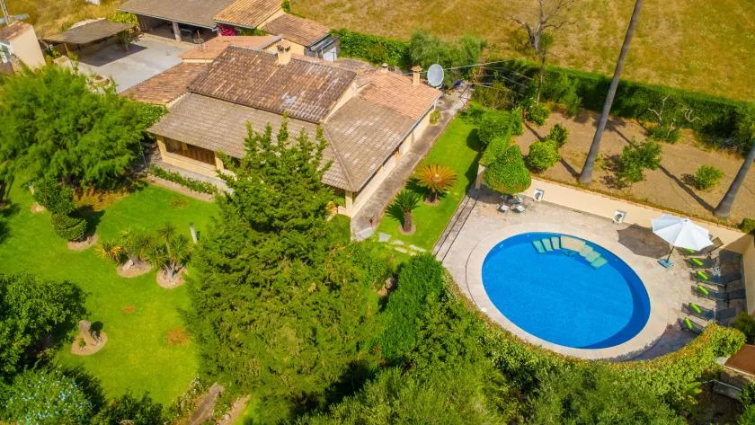 Aerial view of a house, landscaped yard, and blue swimming pool.