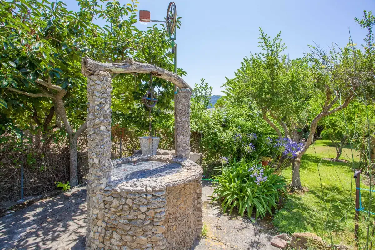A stone well stands in a garden surrounded by trees and flowering plants.