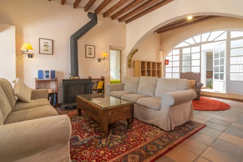 A living room with cushioned seating, a wood stove, and a patterned rug.