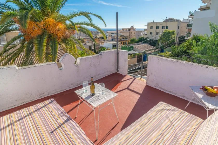 Una terraza soleada en la azotea, con asientos a rayas y palmeras frente a edificios cercanos.