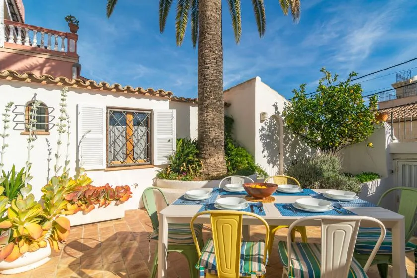 A sunny outdoor dining area with a table set beside a palm tree and garden.