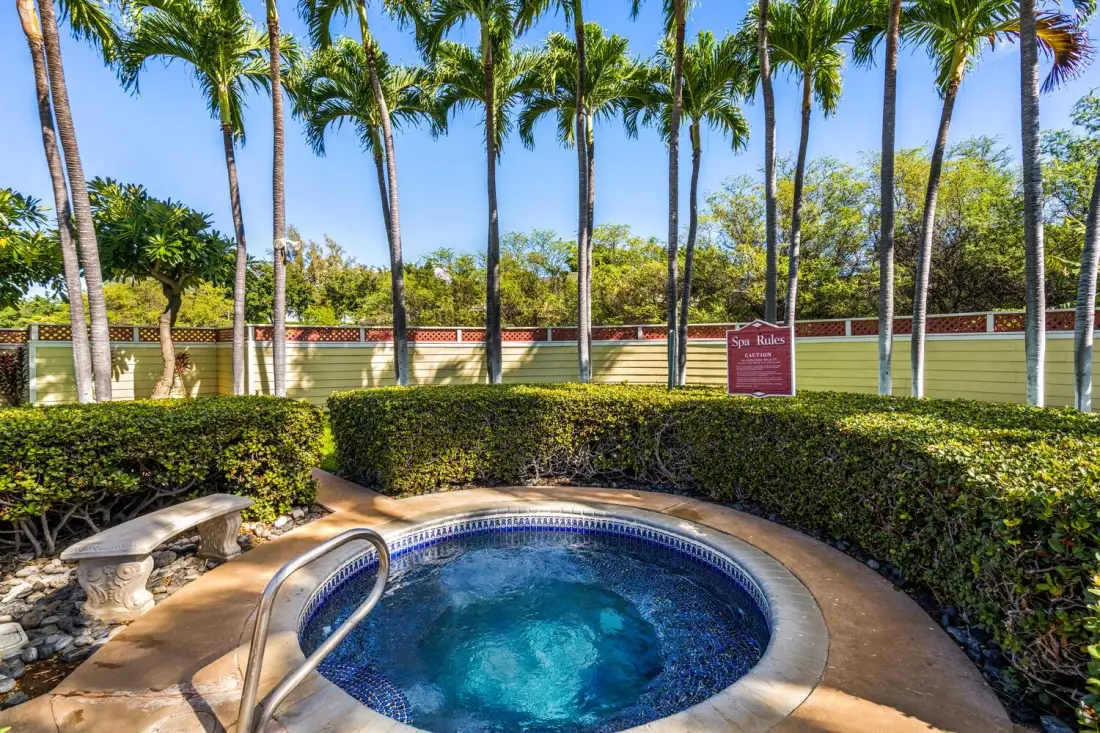 A small outdoor pool sits beside trimmed hedges and tall palm trees.