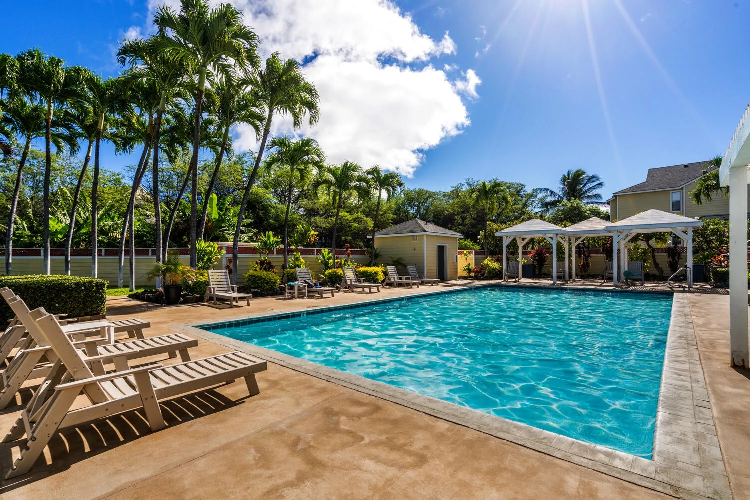 An outdoor swimming pool is surrounded by lounge seating and palm trees.