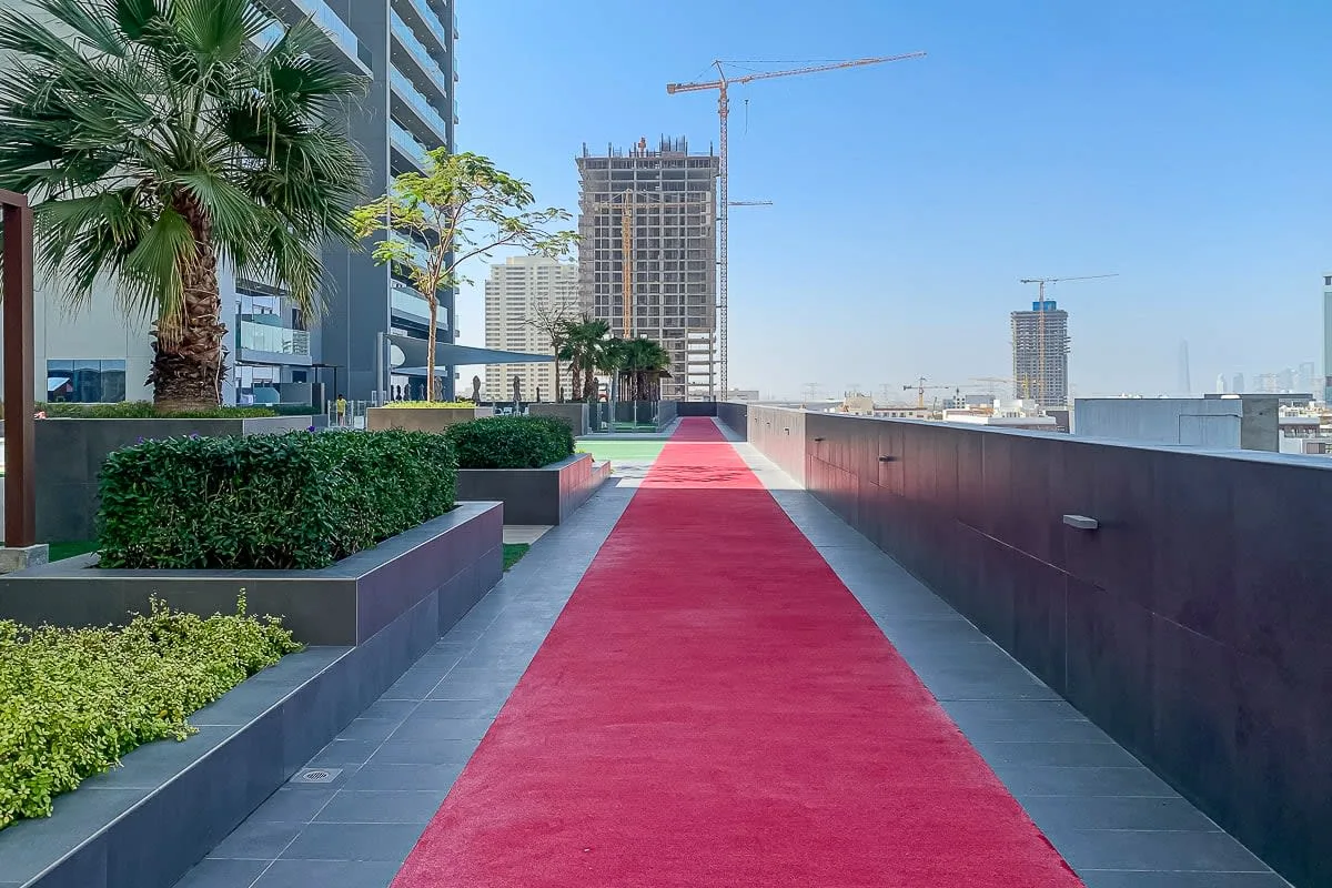 A rooftop walkway with a red carpet runs past landscaped planters and city buildings.