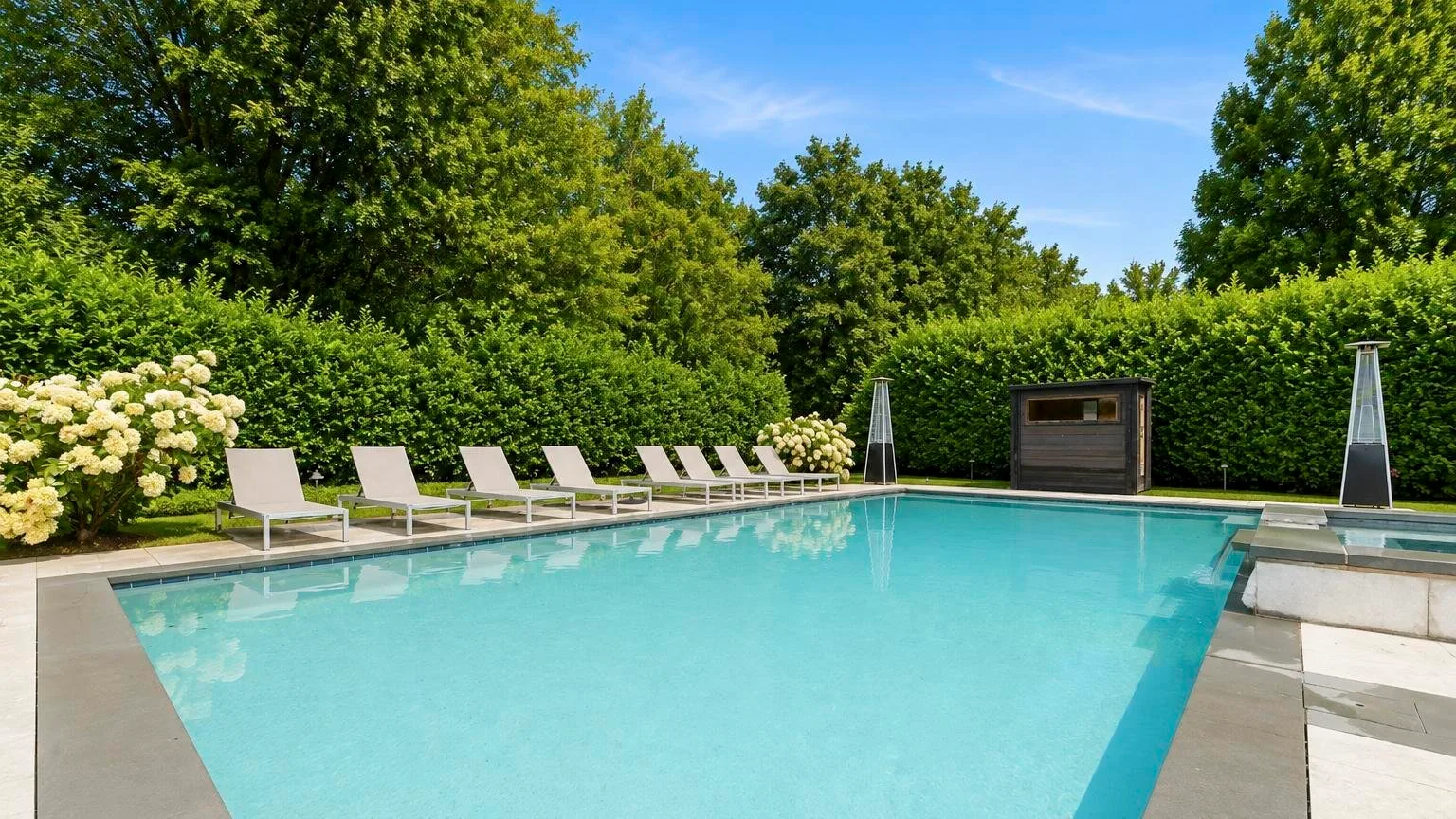 An outdoor swimming pool bordered by greenery and lounge seating.