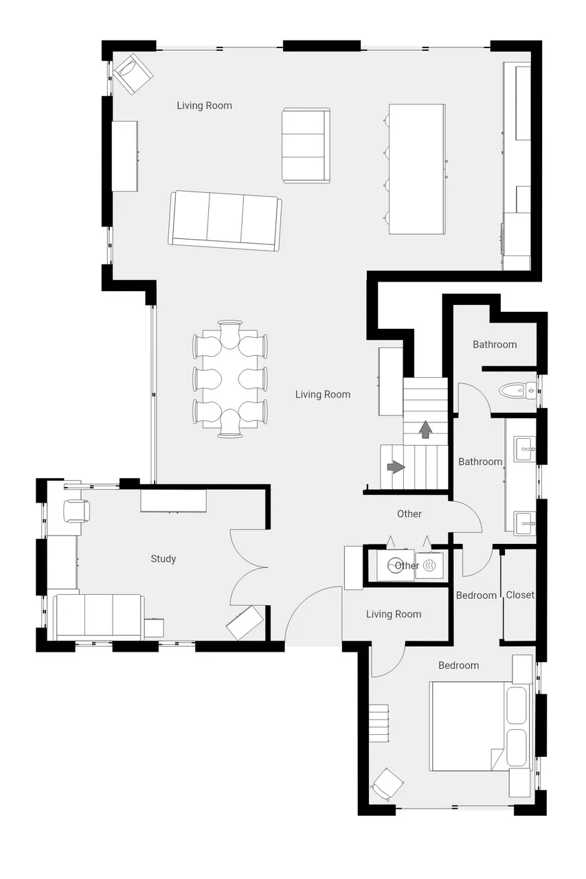 A residential floor plan shows living areas, a study, bedrooms, and bathrooms.