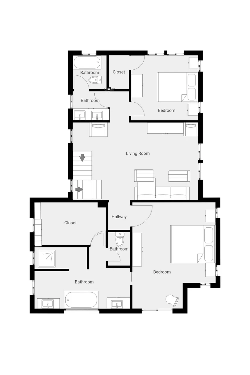 A floor plan shows two bedrooms, bathrooms, closets, and a central living room.