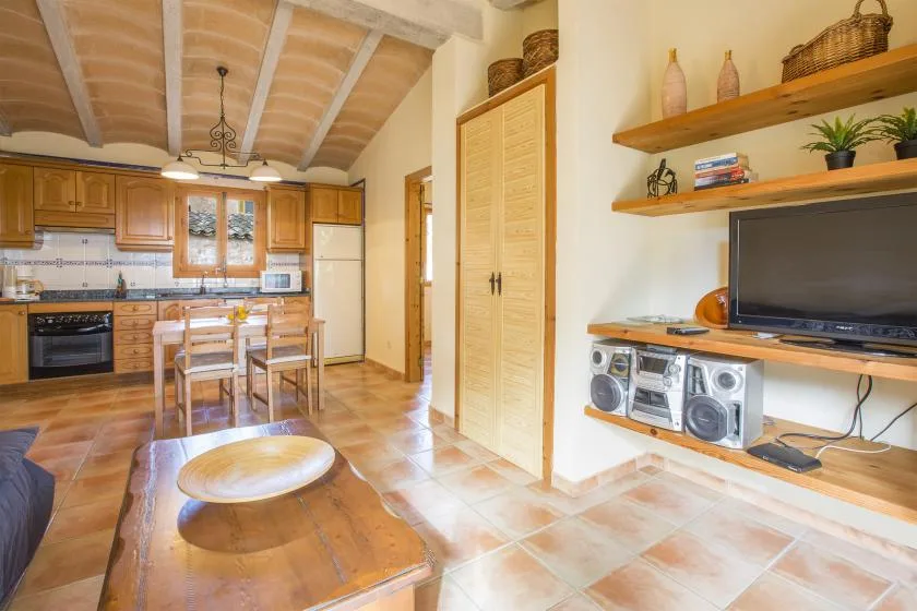 A kitchen and dining area with wooden cabinets, a table, and a television.