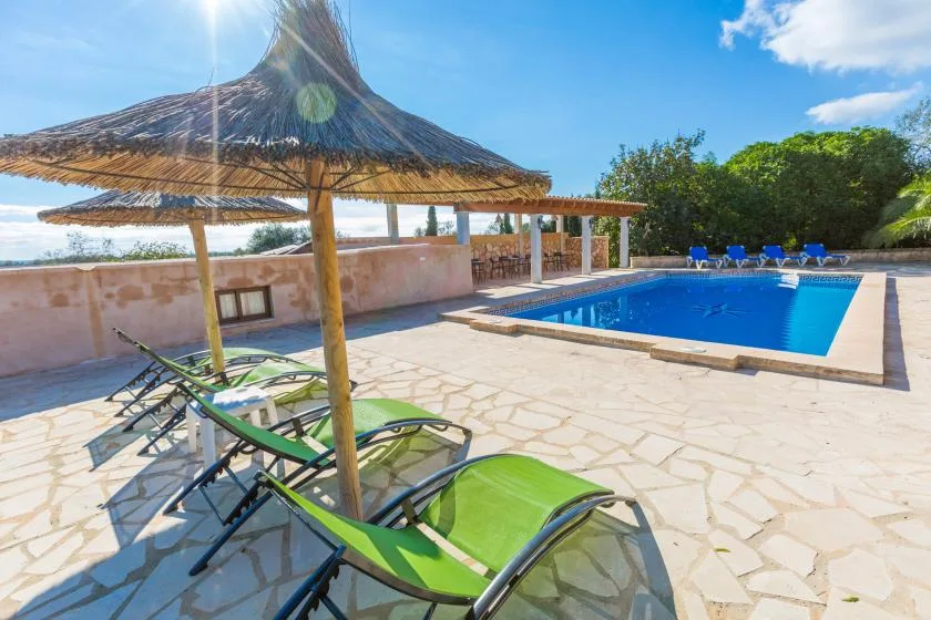 A sunny outdoor pool area with lounge chairs beneath a thatched parasol.