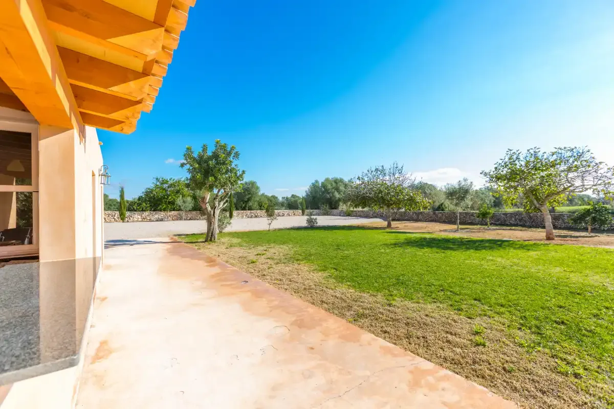A sunny outdoor patio borders a grassy garden with scattered trees.