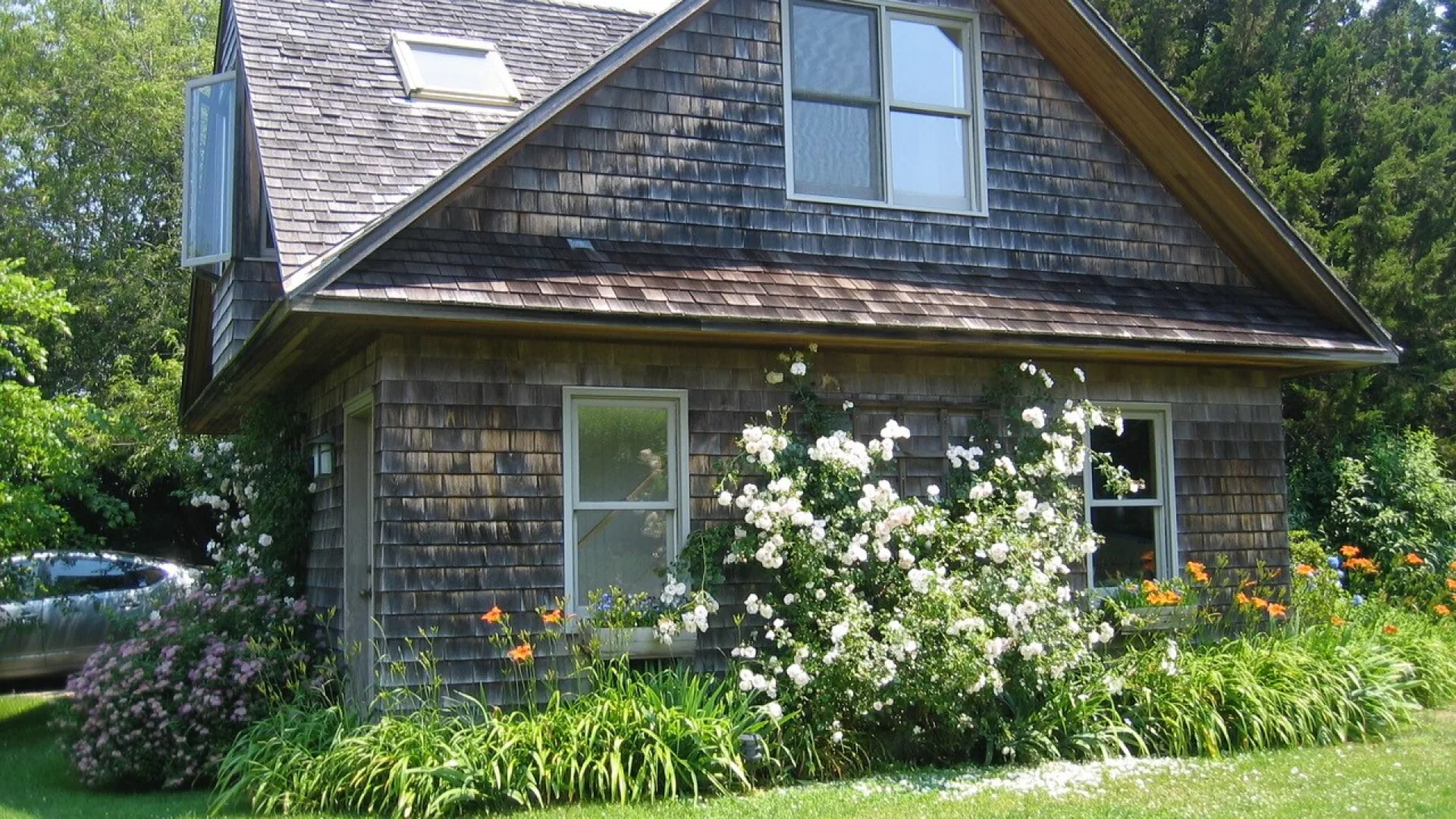 A shingled house stands among flowering shrubs and garden plants.