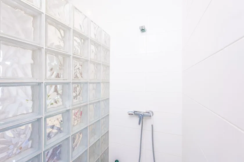 A tiled shower area with a glass-block wall and handheld showerhead.