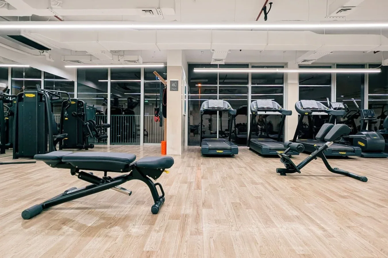 Un gimnasio con máquinas de ejercicio y un banco acolchado sobre un suelo de tono claro.