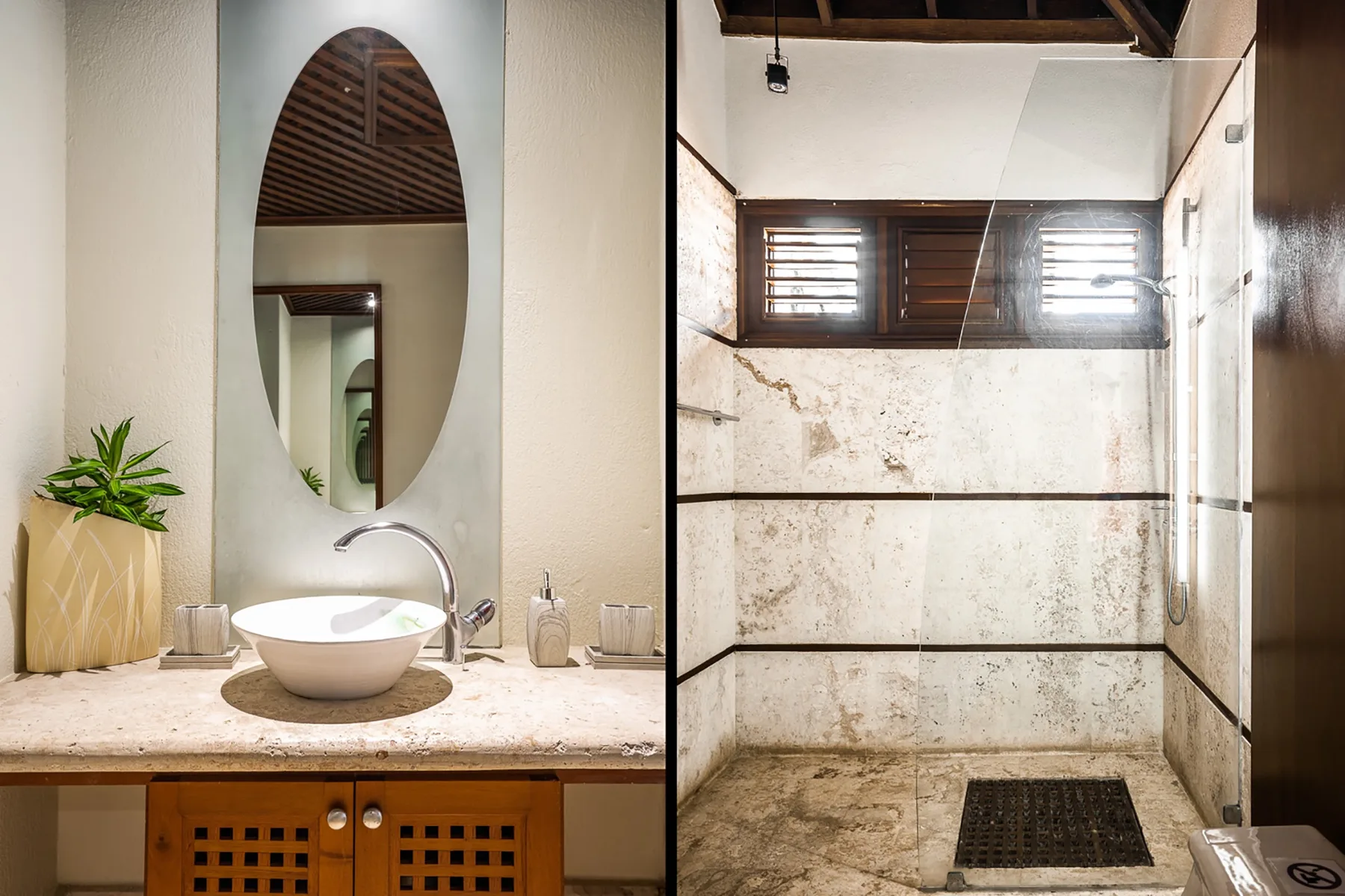 Un lavabo de baño con una pileta sobrepuesta junto a una ducha revestida de azulejos.