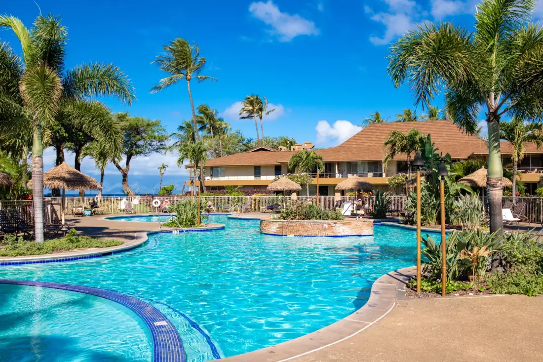 Una piscina serpentea entre palmeras en un entorno de resort al aire libre.