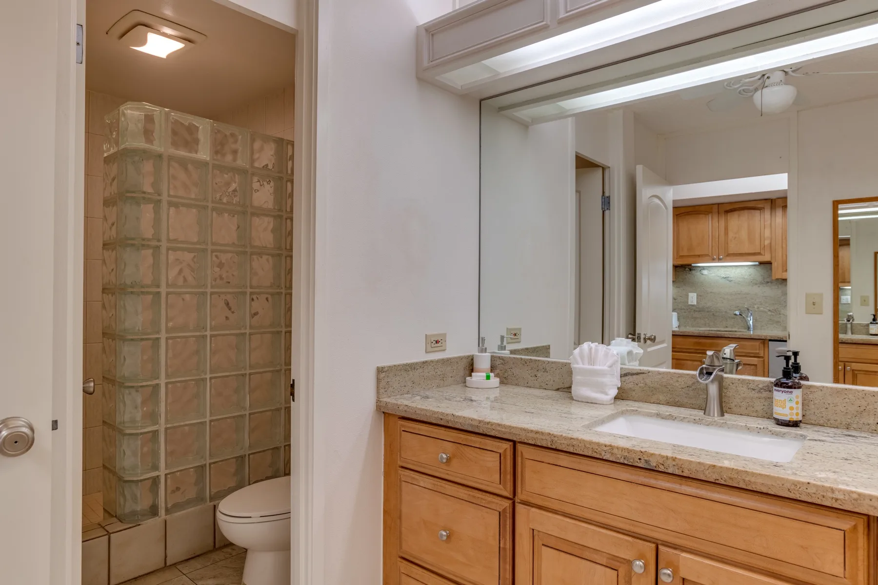 Un lavabo de baño con fregadero y una ducha con paredes de bloques de vidrio.