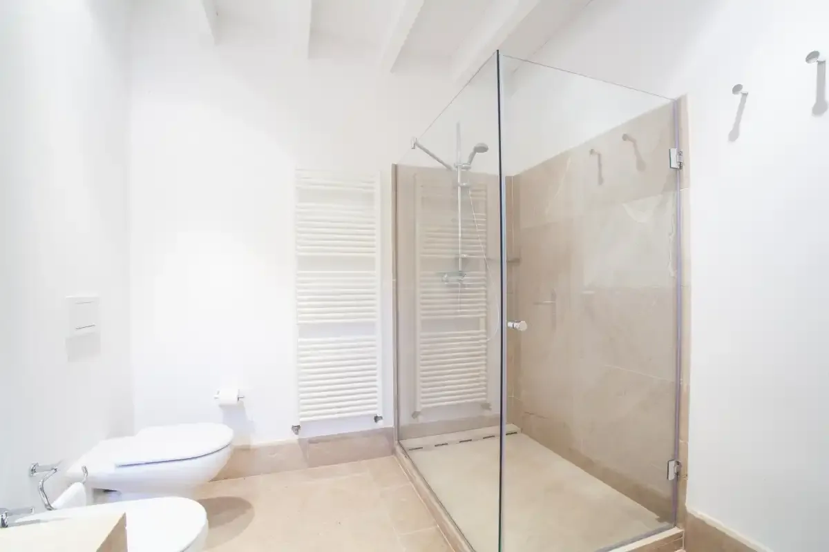 Un baño luminoso con ducha de cristal y accesorios en la pared.