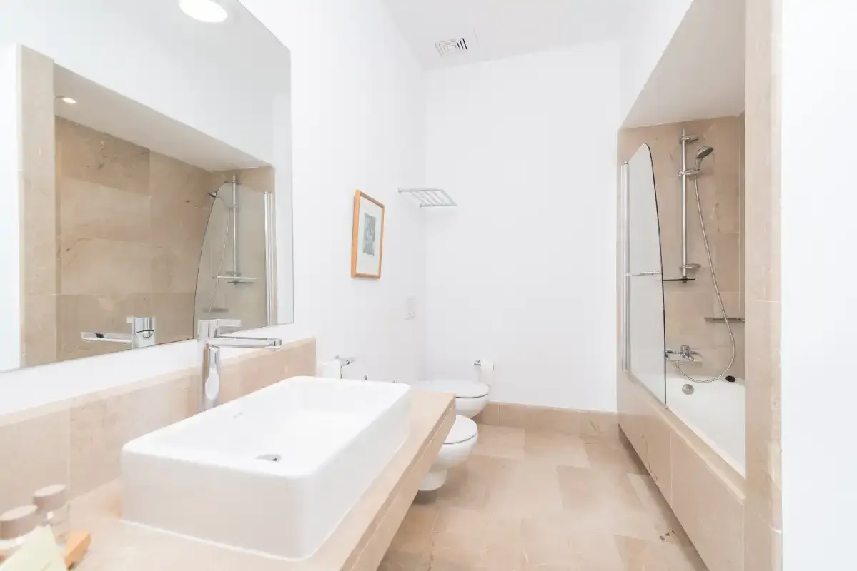 Un baño luminoso con una bañera grande, un lavabo y una ducha de pared.