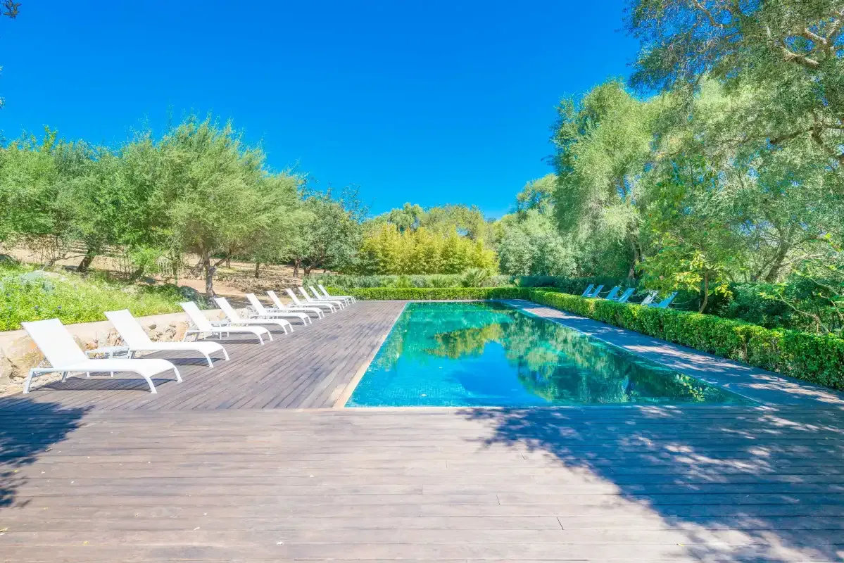 Una piscina al aire libre está rodeada por una terraza de madera, asientos y árboles.