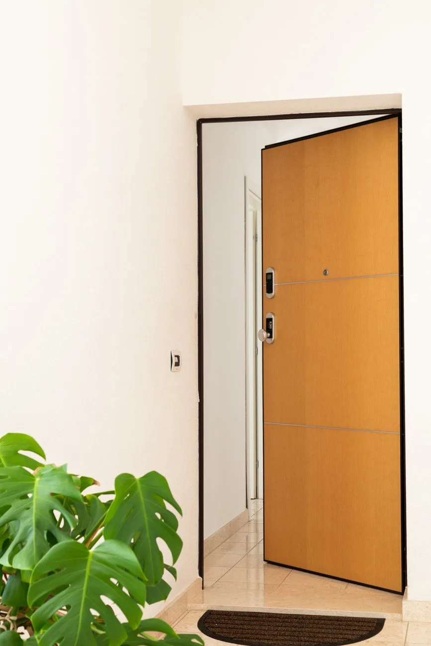 Una puerta de entrada abierta da a un pasillo luminoso junto a una planta frondosa.