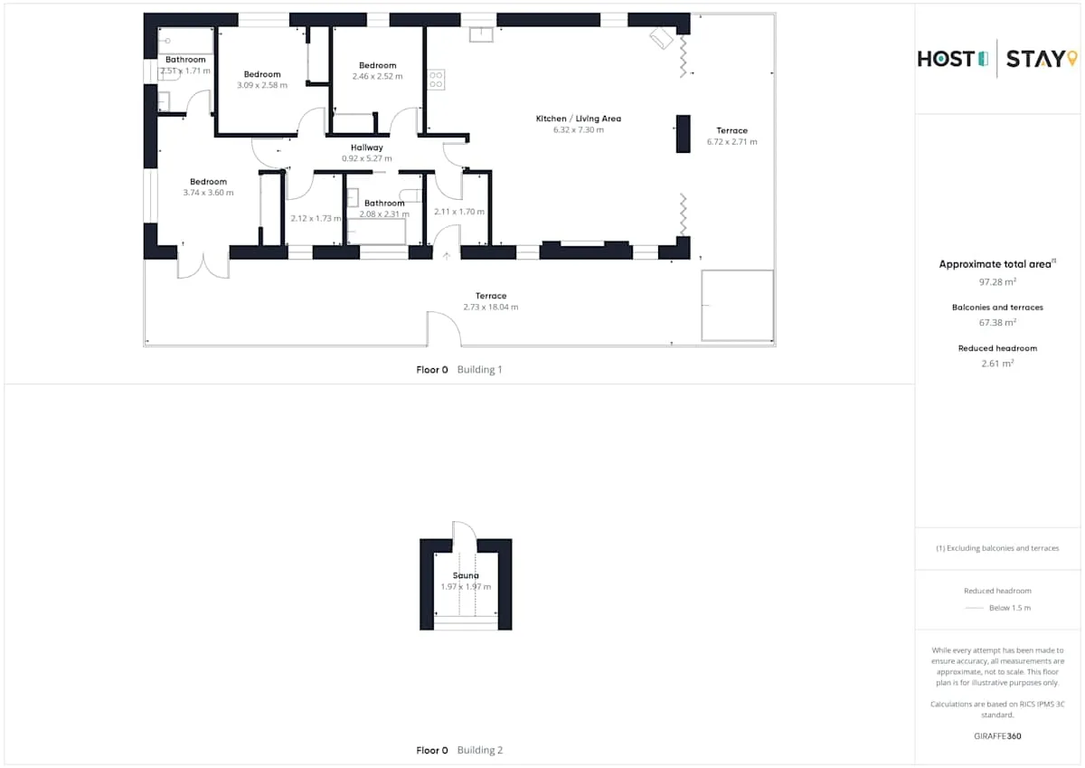Floor plan showing bedrooms, a kitchen and living area, and a terrace.