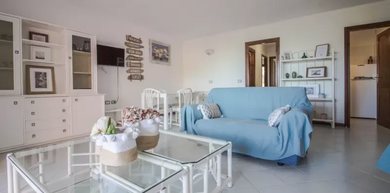 A bright living room with blue seating, a glass coffee table, and white shelving.