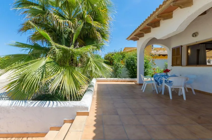 Un patio soleado con asientos al aire libre junto a palmeras y una casa blanca de estuco.