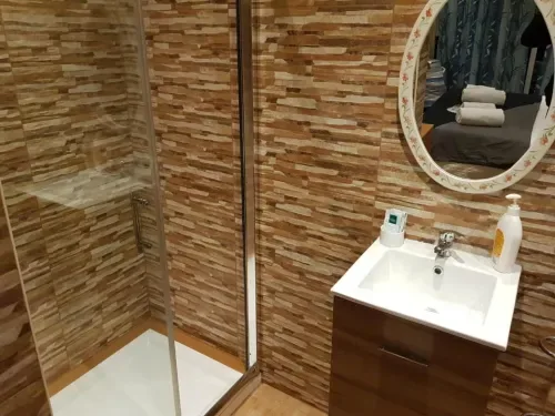 Baño con ducha, lavabo blanco, espejo ovalado y artículos de aseo.