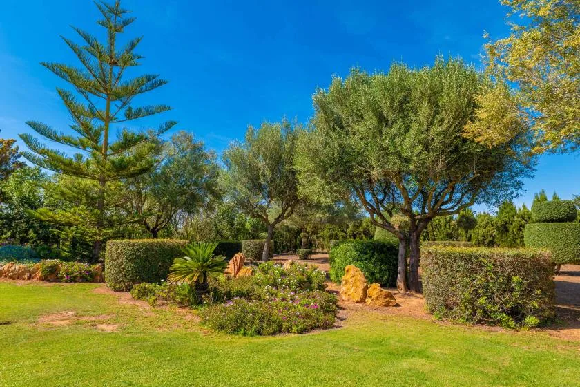 Un jardín ajardinado con árboles maduros, setos recortados y plantas con flores.