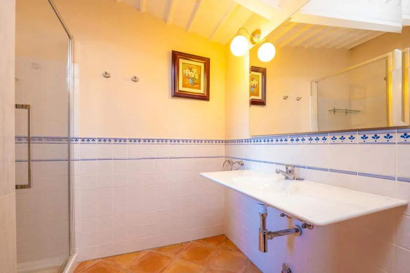 Un baño luminoso con un lavabo amplio y una ducha de vidrio.