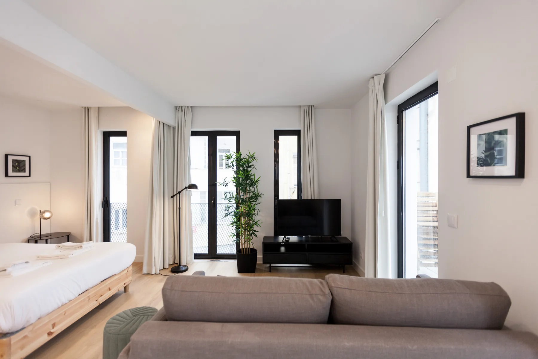 A bright studio living area with seating, a television, and tall windows.