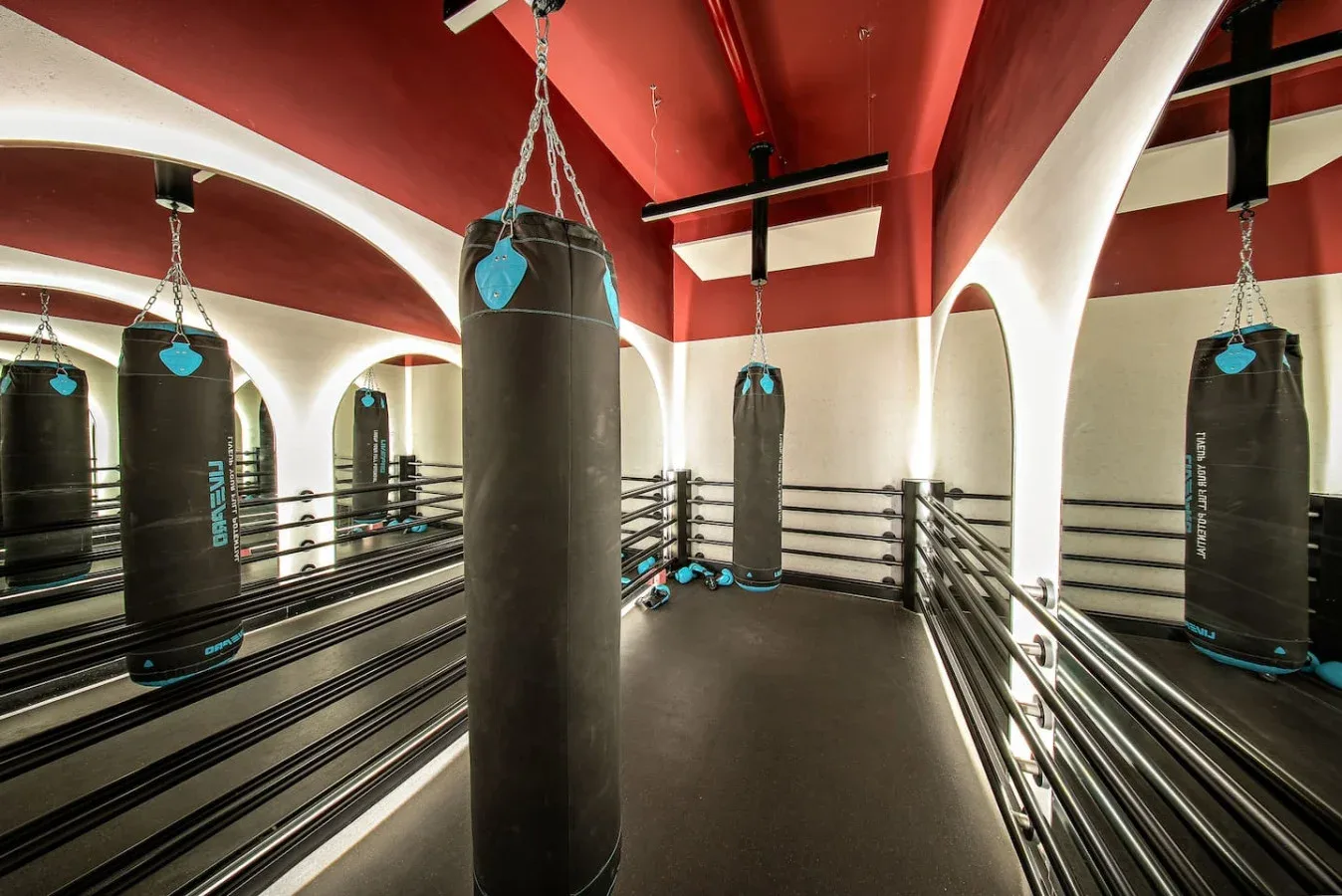Área de entrenamiento de boxeo con sacos colgantes y paredes con espejos.