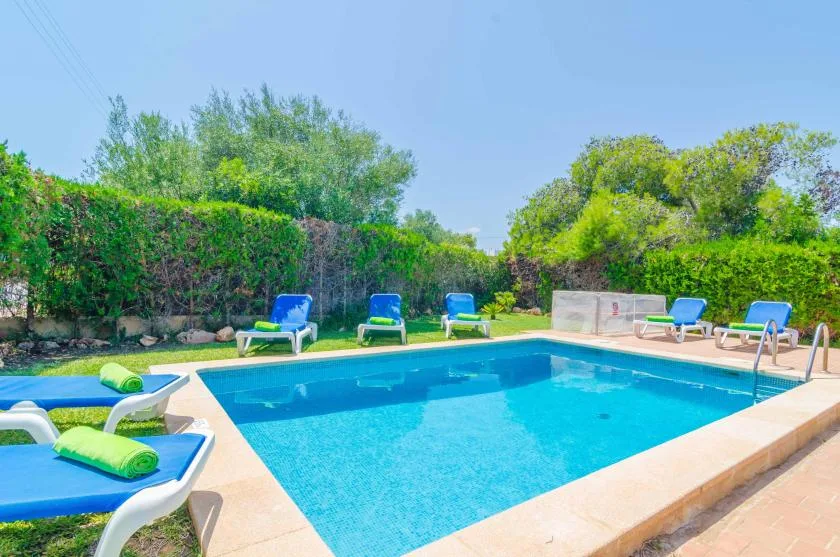 An outdoor swimming pool is surrounded by greenery and blue sun loungers.
