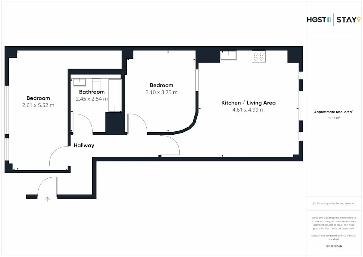 Plano que muestra dos dormitorios, un baño y una zona de cocina y estar.