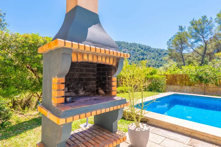 An outdoor barbecue grill stands beside a swimming pool, with trees in the background.
