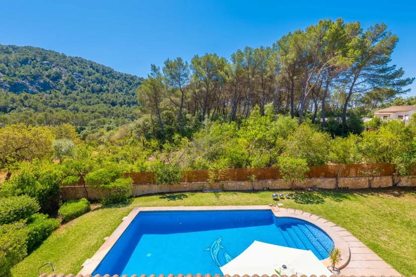Outdoor swimming pool beside a landscaped lawn, with trees and hills in the background.