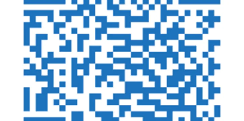 Un código QR azul está impreso sobre un fondo blanco.