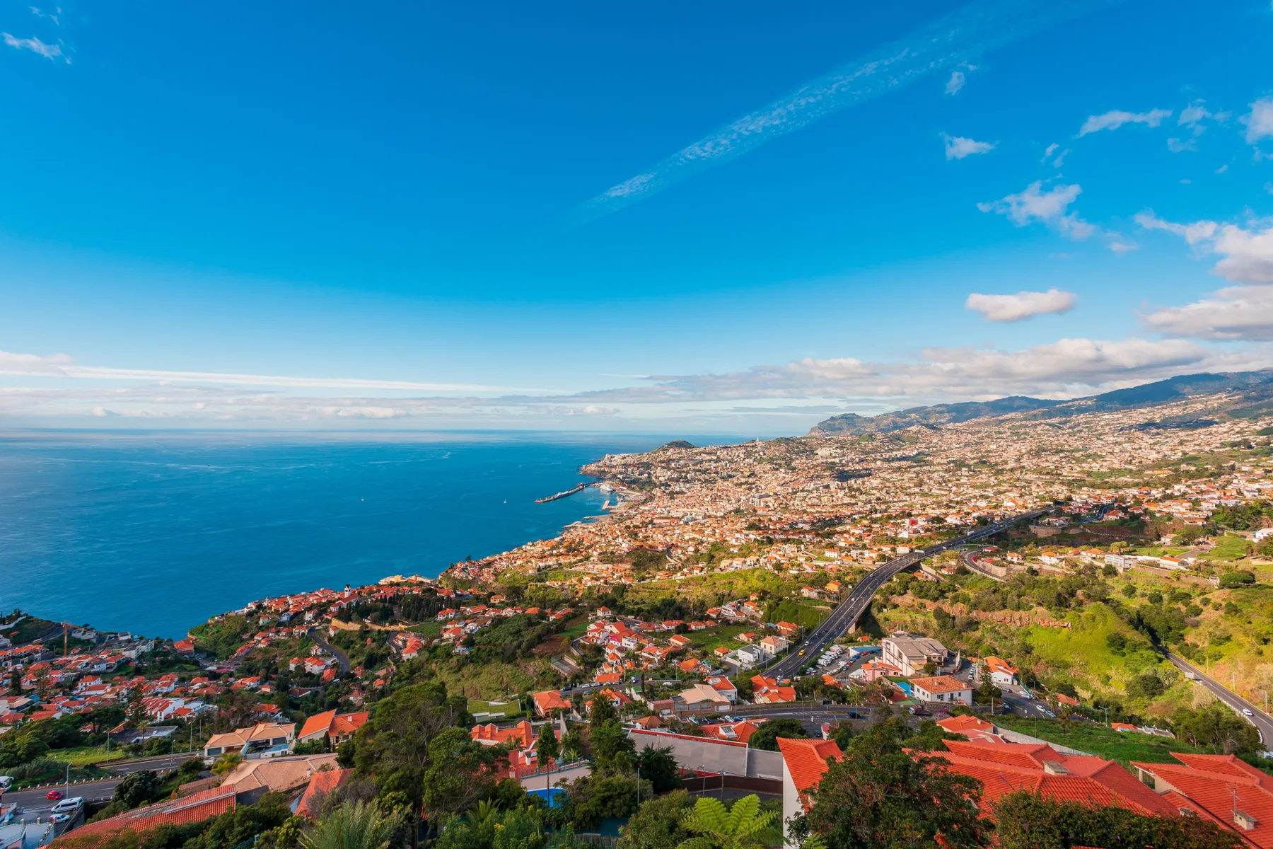 Coastal landscape overlooking the ocean and a city spread across the hills.