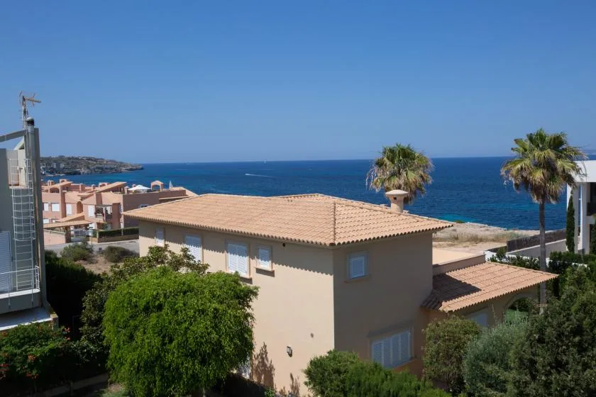 Una escena residencial costera muestra una casa con techo de tejas, palmeras y el mar.